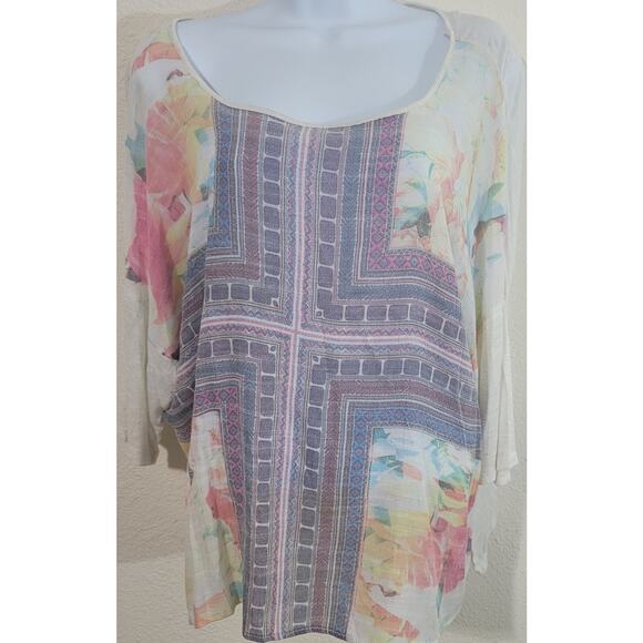 Bobeau Cream Pink Purple Floral Slub Knit Top M 3/4 Drop Sleeves Lightweight - Picture 1 of 5